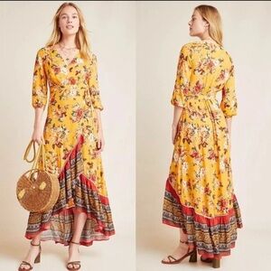 Farm Rio Anthropology Soigne Maxi Wrap Dress Orange Floral Boho Flamenco Women M